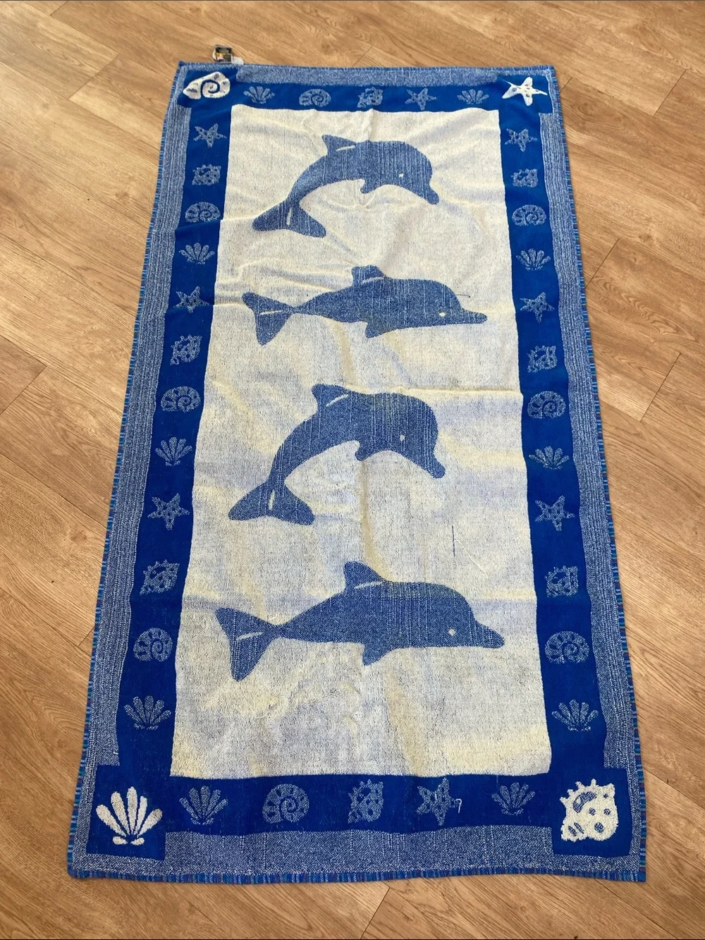 Vtg Beach Towel Dolphin Blue Plaid  Seashells Accent Nautical Cotton Beach Towel